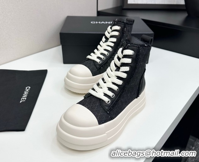 Discount Chanel Quilted Denim and Fringe High Top Platform Sneakers Black 2025 CH110109