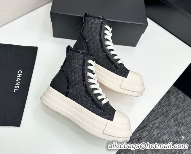 Discount Chanel Quilted Denim and Fringe High Top Platform Sneakers Black 2025 CH110109