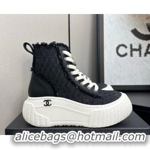 Popular Style Chanel Quilted Denim and Fringe High Top Platform Sneakers Black 2025 CH110110 51101063