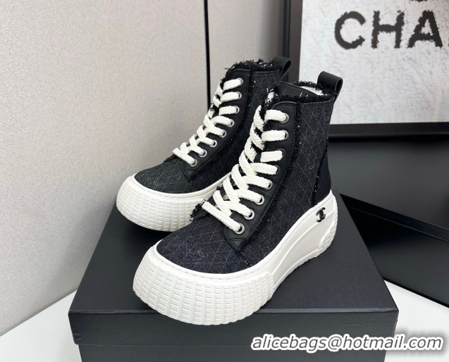 Popular Style Chanel Quilted Denim and Fringe High Top Platform Sneakers Black 2025 CH110110 51101063