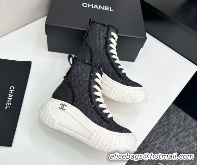 Popular Style Chanel Quilted Denim and Fringe High Top Platform Sneakers Black 2025 CH110110 51101063