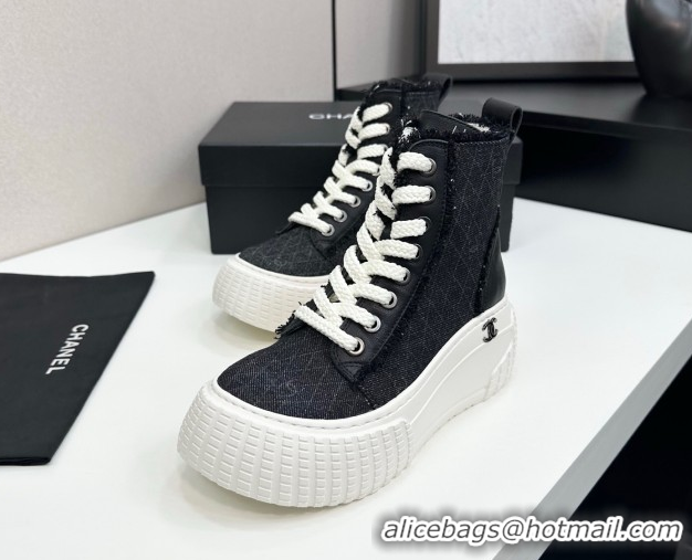 Popular Style Chanel Quilted Denim and Fringe High Top Platform Sneakers Black 2025 CH110110 51101063