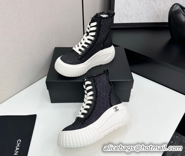 Popular Style Chanel Quilted Denim and Fringe High Top Platform Sneakers Black 2025 CH110110 51101063