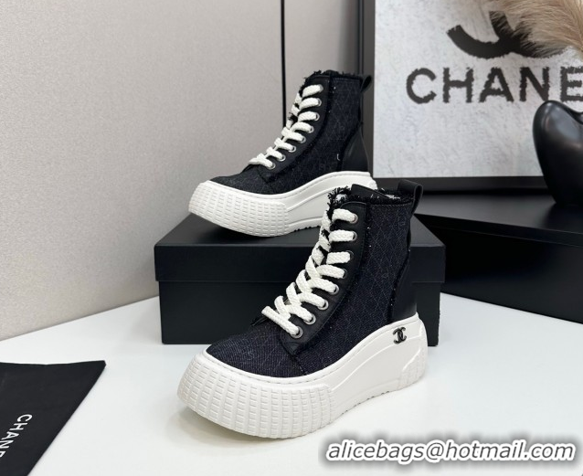 Popular Style Chanel Quilted Denim and Fringe High Top Platform Sneakers Black 2025 CH110110 51101063