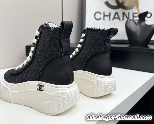 Popular Style Chanel Quilted Denim and Fringe High Top Platform Sneakers Black 2025 CH110110 51101063