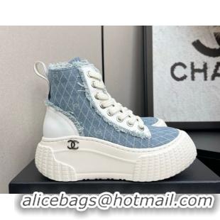 Good Looking Chanel Quilted Denim and Fringe High Top Platform Sneakers Light Blue 2025 CH110110