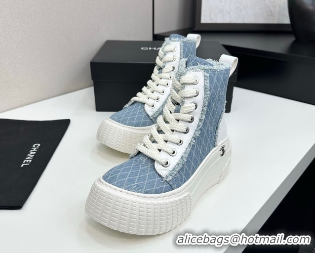 Good Looking Chanel Quilted Denim and Fringe High Top Platform Sneakers Light Blue 2025 CH110110