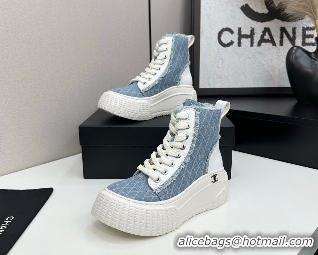 Good Looking Chanel Quilted Denim and Fringe High Top Platform Sneakers Light Blue 2025 CH110110