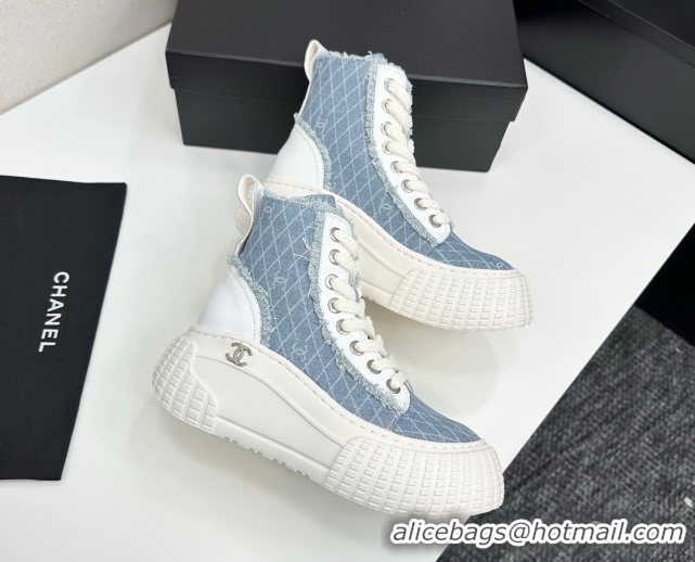 Good Looking Chanel Quilted Denim and Fringe High Top Platform Sneakers Light Blue 2025 CH110110