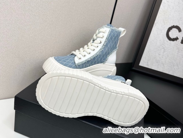 Good Looking Chanel Quilted Denim and Fringe High Top Platform Sneakers Light Blue 2025 CH110110