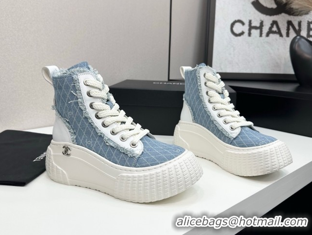 Good Looking Chanel Quilted Denim and Fringe High Top Platform Sneakers Light Blue 2025 CH110110