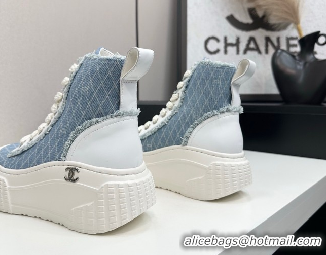 Good Looking Chanel Quilted Denim and Fringe High Top Platform Sneakers Light Blue 2025 CH110110