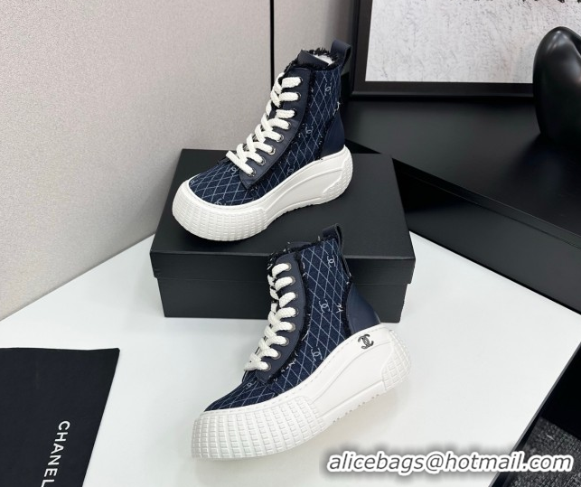Best Product Chanel Quilted Denim and Fringe High Top Platform Sneakers Navy Blue 2025 CH110110