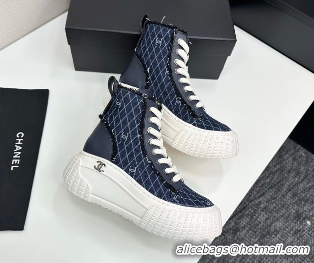 Best Product Chanel Quilted Denim and Fringe High Top Platform Sneakers Navy Blue 2025 CH110110