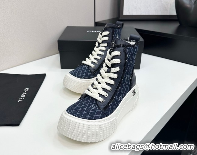 Best Product Chanel Quilted Denim and Fringe High Top Platform Sneakers Navy Blue 2025 CH110110