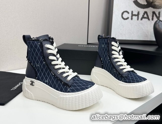 Best Product Chanel Quilted Denim and Fringe High Top Platform Sneakers Navy Blue 2025 CH110110