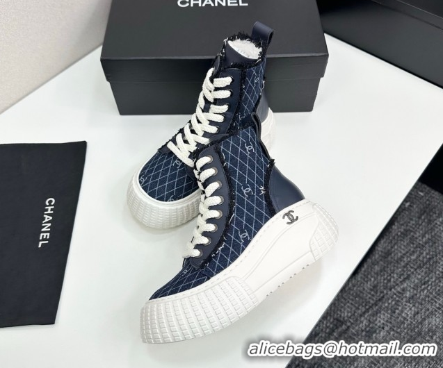 Best Product Chanel Quilted Denim and Fringe High Top Platform Sneakers Navy Blue 2025 CH110110