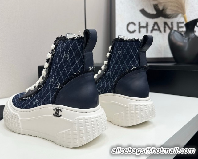 Best Product Chanel Quilted Denim and Fringe High Top Platform Sneakers Navy Blue 2025 CH110110