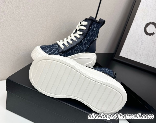 Best Product Chanel Quilted Denim and Fringe High Top Platform Sneakers Navy Blue 2025 CH110110