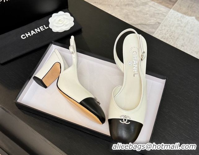 Sumptuous Chanel Lambskin and Calfskin Leather Slingback Pumps 9cm with Strass CC White 2025 CH110301