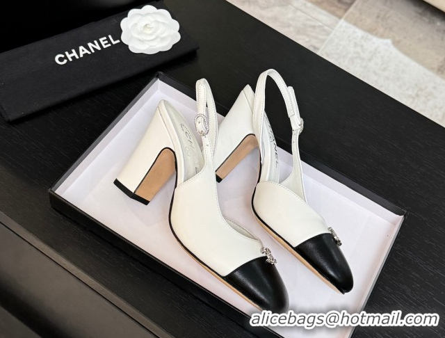 Sumptuous Chanel Lambskin and Calfskin Leather Slingback Pumps 9cm with Strass CC White 2025 CH110301