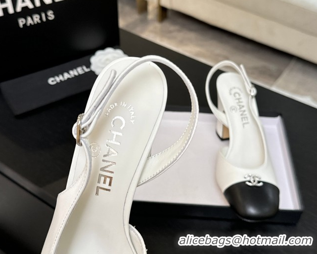 Sumptuous Chanel Lambskin and Calfskin Leather Slingback Pumps 9cm with Strass CC White 2025 CH110301