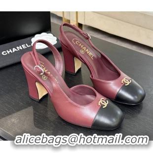 Top Design Chanel Lambskin and Calfskin Leather Slingback Pumps 9cm with Strass CC Burgundy 2025 CH110301