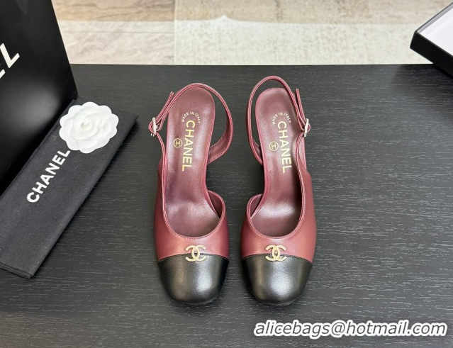 Top Design Chanel Lambskin and Calfskin Leather Slingback Pumps 9cm with Strass CC Burgundy 2025 CH110301