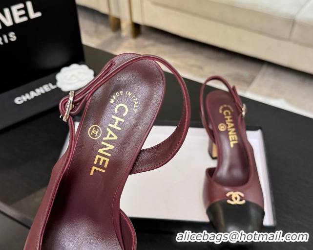 Top Design Chanel Lambskin and Calfskin Leather Slingback Pumps 9cm with Strass CC Burgundy 2025 CH110301