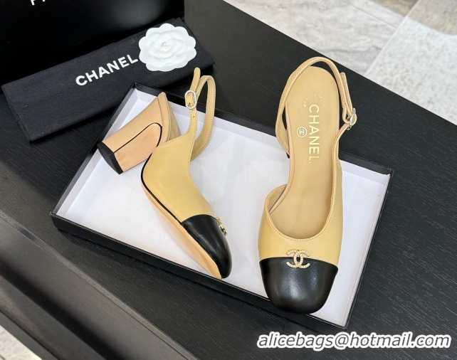 Shop Duplicate Chanel Lambskin and Calfskin Leather Slingback Pumps 9cm with Strass CC Beige Yellow CH110301 1103003