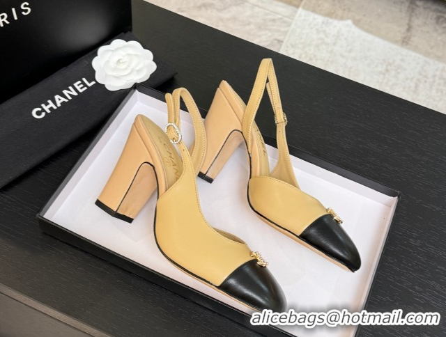 Shop Duplicate Chanel Lambskin and Calfskin Leather Slingback Pumps 9cm with Strass CC Beige Yellow CH110301 1103003