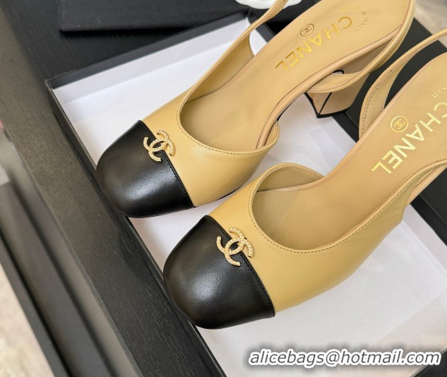 Shop Duplicate Chanel Lambskin and Calfskin Leather Slingback Pumps 9cm with Strass CC Beige Yellow CH110301 1103003