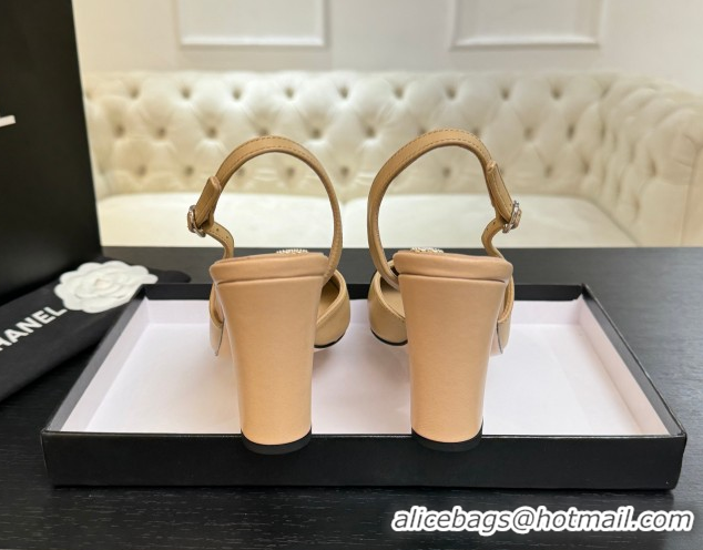 Shop Duplicate Chanel Lambskin and Calfskin Leather Slingback Pumps 9cm with Strass CC Beige Yellow CH110301 1103003