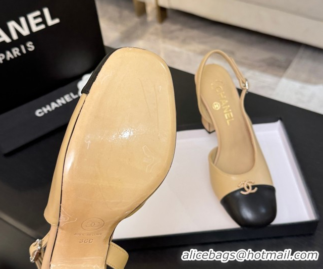 Shop Duplicate Chanel Lambskin and Calfskin Leather Slingback Pumps 9cm with Strass CC Beige Yellow CH110301 1103003