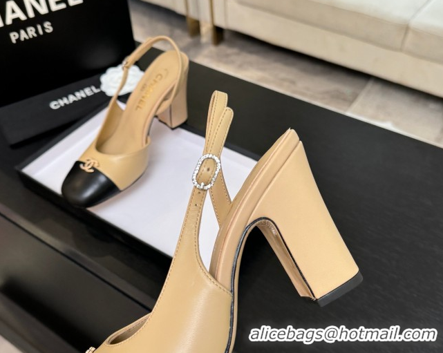 Shop Duplicate Chanel Lambskin and Calfskin Leather Slingback Pumps 9cm with Strass CC Beige Yellow CH110301 1103003