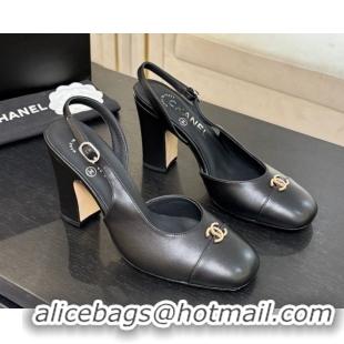 Unique Discount Chanel Lambskin and Calfskin Leather Slingback Pumps 9cm with Strass CC Black 2025 CH110301