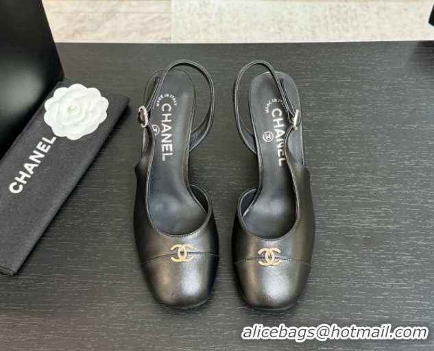 Unique Discount Chanel Lambskin and Calfskin Leather Slingback Pumps 9cm with Strass CC Black 2025 CH110301