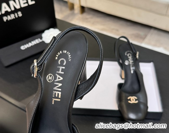 Unique Discount Chanel Lambskin and Calfskin Leather Slingback Pumps 9cm with Strass CC Black 2025 CH110301