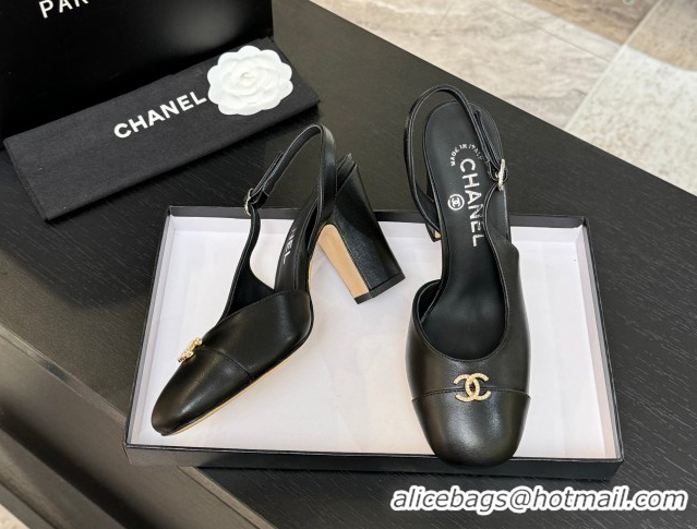 Unique Discount Chanel Lambskin and Calfskin Leather Slingback Pumps 9cm with Strass CC Black 2025 CH110301