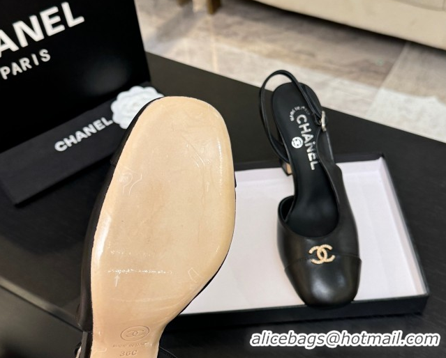 Unique Discount Chanel Lambskin and Calfskin Leather Slingback Pumps 9cm with Strass CC Black 2025 CH110301