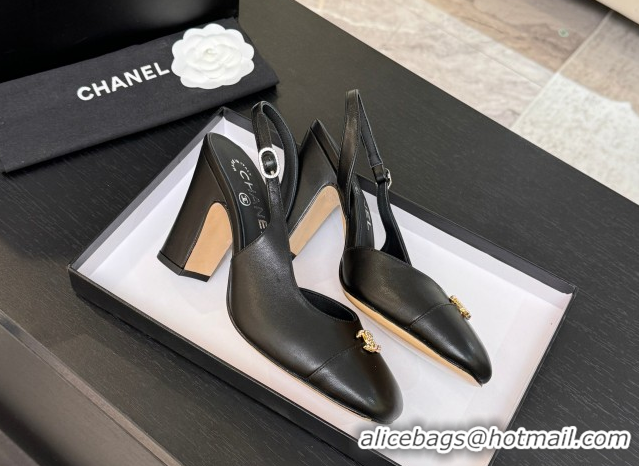 Unique Discount Chanel Lambskin and Calfskin Leather Slingback Pumps 9cm with Strass CC Black 2025 CH110301