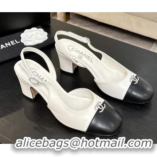 Low Cost Chanel Lambskin and Calfskin Leather Slingback Pumps 6.5cm with Strass CC White CH110301