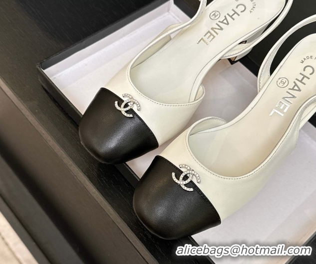 Low Cost Chanel Lambskin and Calfskin Leather Slingback Pumps 6.5cm with Strass CC White CH110301
