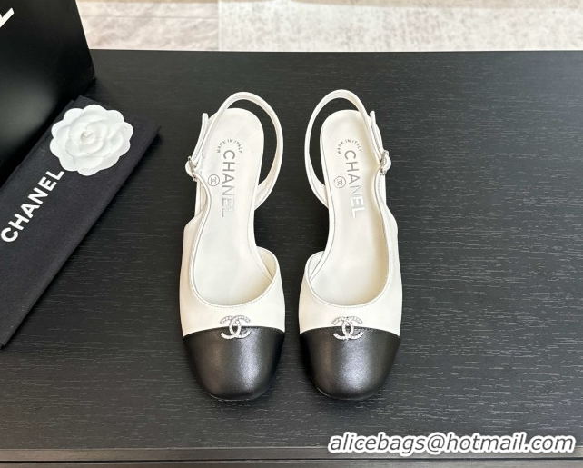 Low Cost Chanel Lambskin and Calfskin Leather Slingback Pumps 6.5cm with Strass CC White CH110301