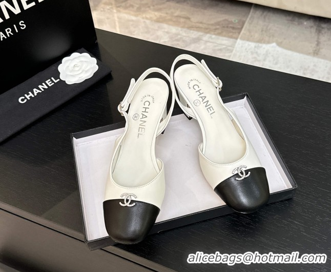 Low Cost Chanel Lambskin and Calfskin Leather Slingback Pumps 6.5cm with Strass CC White CH110301