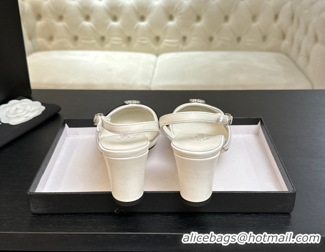 Low Cost Chanel Lambskin and Calfskin Leather Slingback Pumps 6.5cm with Strass CC White CH110301