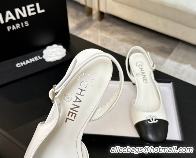 Low Cost Chanel Lambskin and Calfskin Leather Slingback Pumps 6.5cm with Strass CC White CH110301