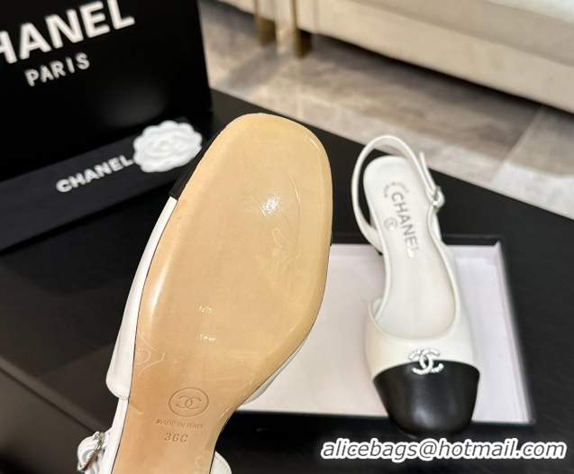 Low Cost Chanel Lambskin and Calfskin Leather Slingback Pumps 6.5cm with Strass CC White CH110301