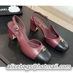 Stylish Chanel Lambskin and Calfskin Leather Slingback Pumps 6.5cm with Strass CC Burgundy CH110301