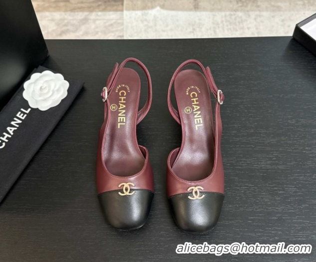 Stylish Chanel Lambskin and Calfskin Leather Slingback Pumps 6.5cm with Strass CC Burgundy CH110301